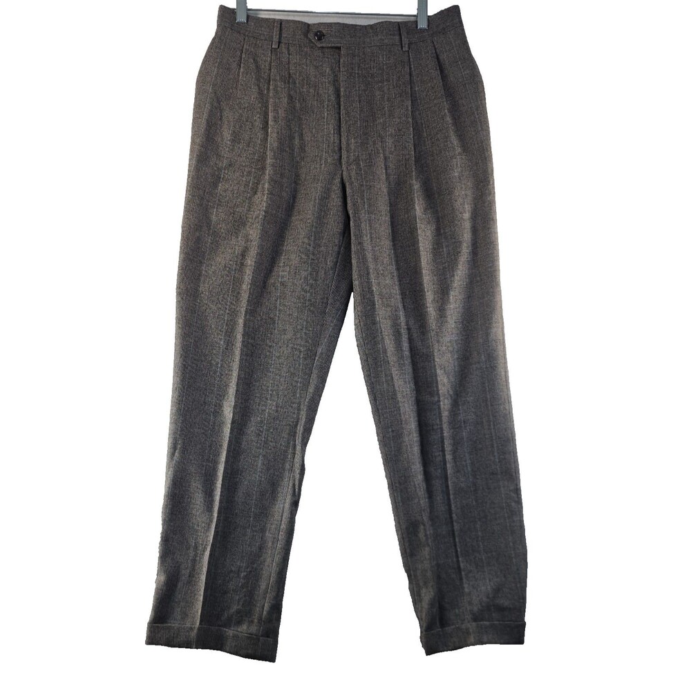 JoS. A. Bank Windsor Wool Dress Slacks 34X32 Gray Plaid Pleated Cuffed Lined